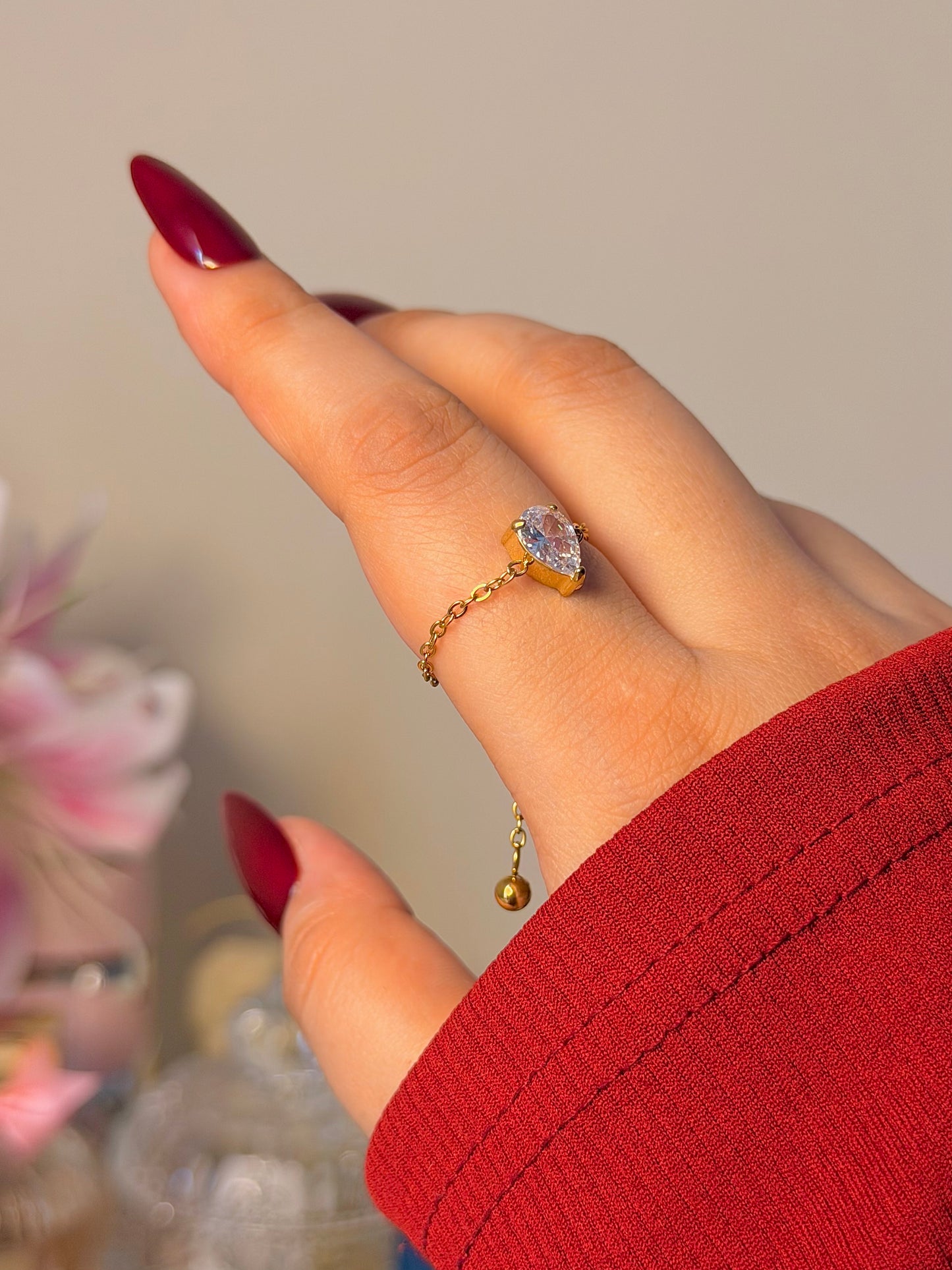 Chain Solitaire Ring - Dainty Minimalist Adjustable Ring