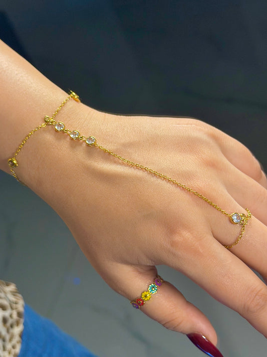 Gold Crystal Hand Chain Bracelet with Ring Detail