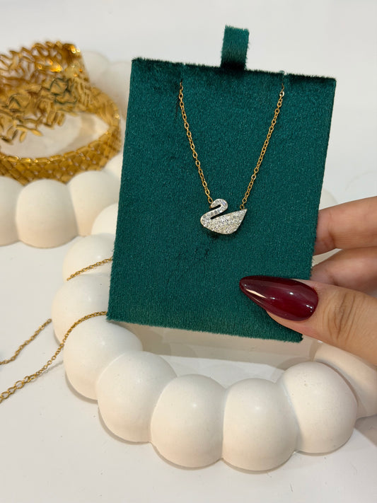 Swan Delicate Necklace with Sparkling Stones - White Golden