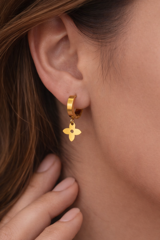 Gold Mini Hoop Earrings with Floral Drop Charm