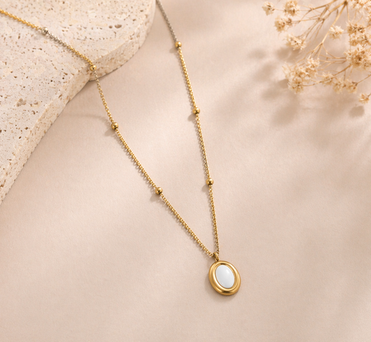 Gold Oval Enamel Pendant Necklace