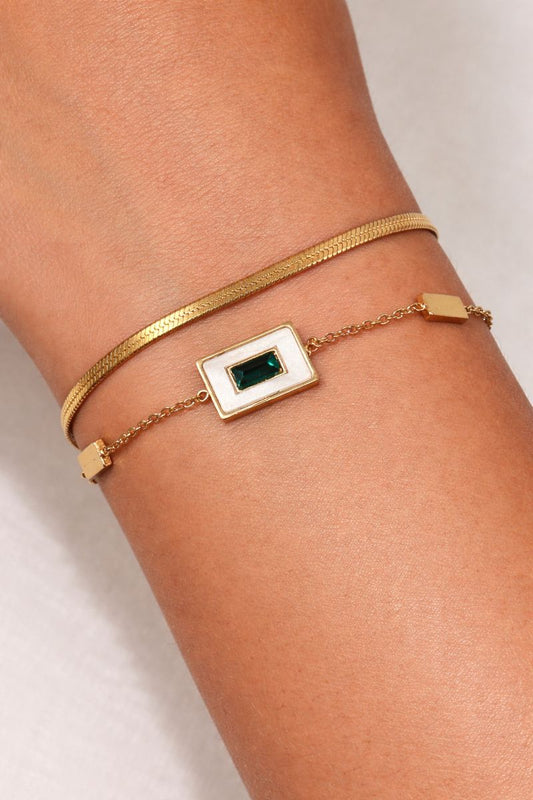Double Layered Bracelet with Green Stone and Snake Chain