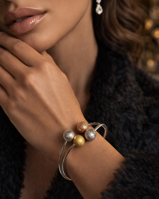 Two-Tone Stainless Steel Bangle with Textured Spheres