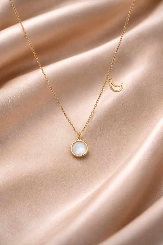 Gold Moon Pendant Necklace with White Stone – Stainless Steel Layered Necklace for Women