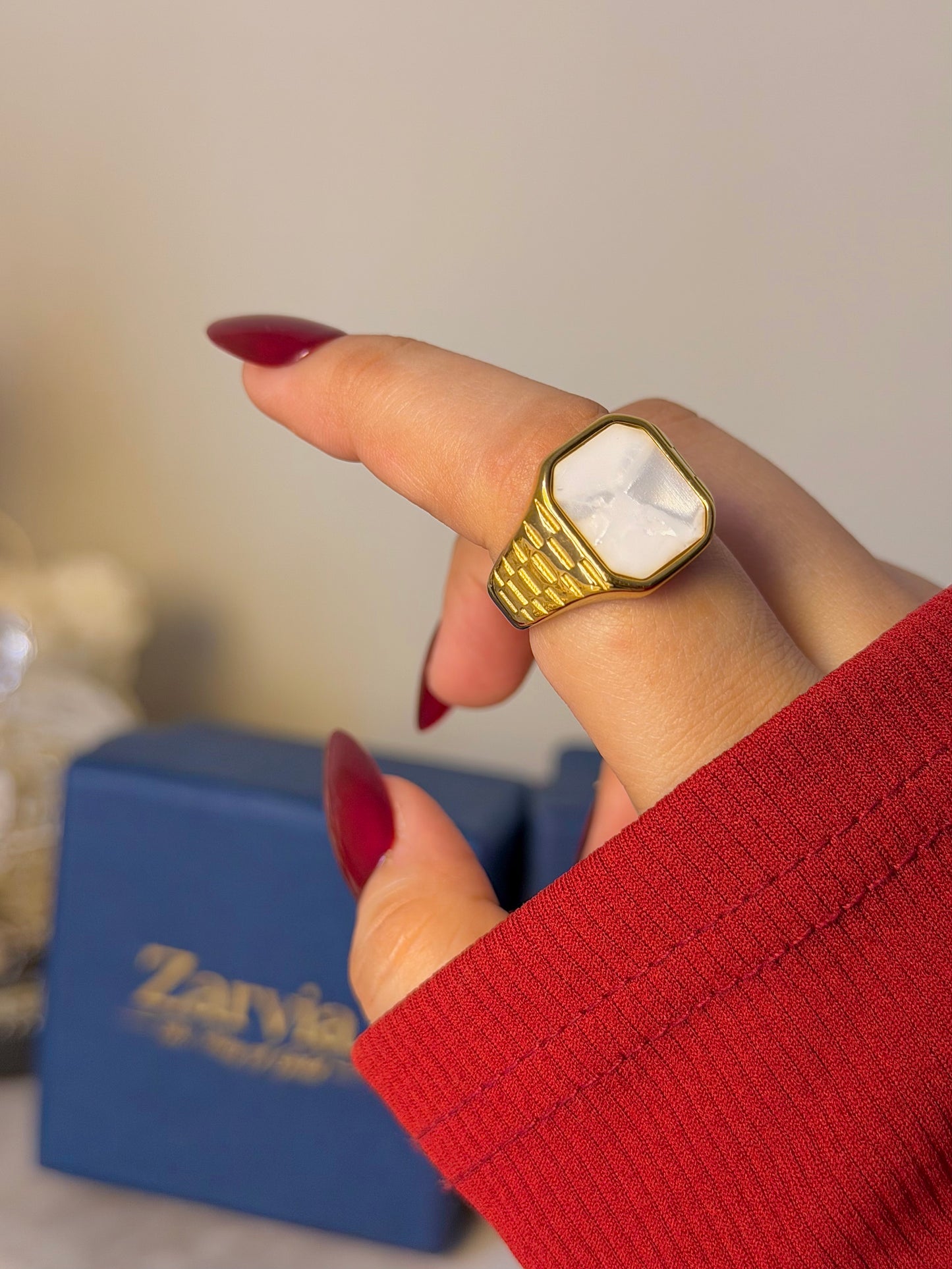 Vintage Octagon Signet Ring with White Stone – Gold