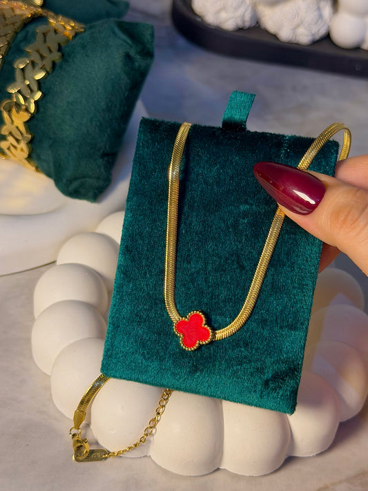 Luxury Red Clover Necklace on a Golden Snake Chain