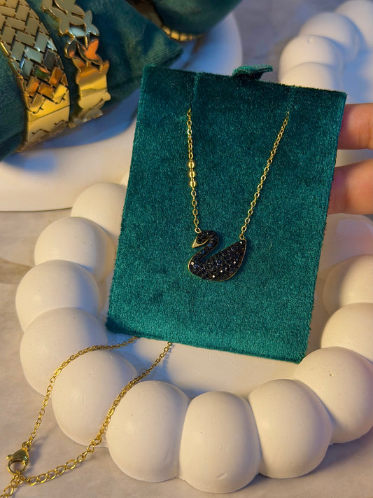Swan Pendant Necklace with Sparkling Stones - Black