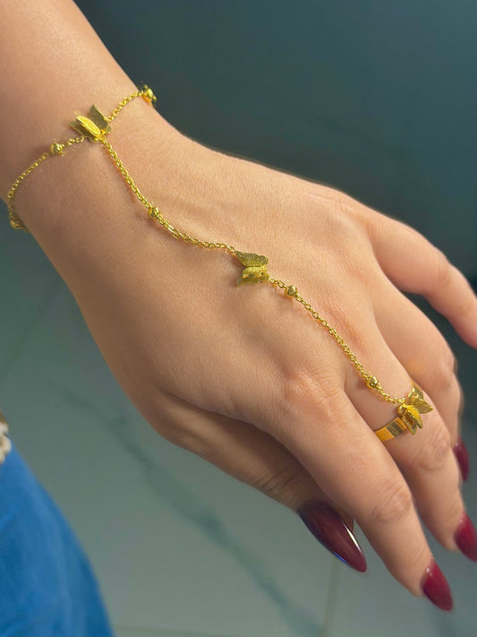 Elegant Butterfly Handpiece Bracelet & Ring Set in Gold