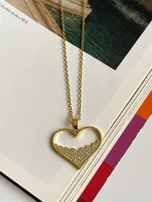 Metal Heart Pendant Necklace with Sparkling Crystals - Golden