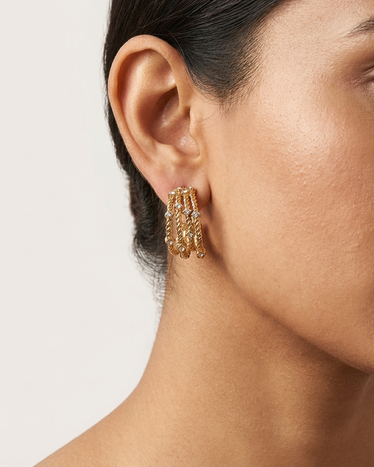 Gold Twisted Hoop Earrings – Elegant Crystal Detail