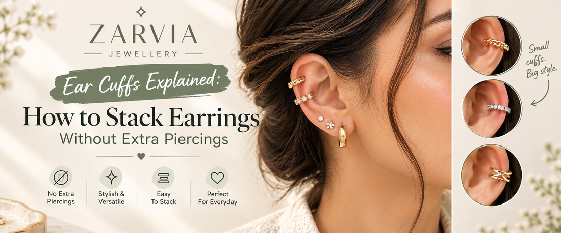 Zarvia Jewellery gold ear cuffs and stacked earrings without extra piercings.