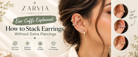 Zarvia Jewellery gold ear cuffs and stacked earrings without extra piercings.