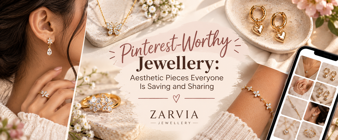 Pinterest-worthy jewellery featuring aesthetic gold earrings, rings, necklaces and bracelets by Zarvia Jewellery