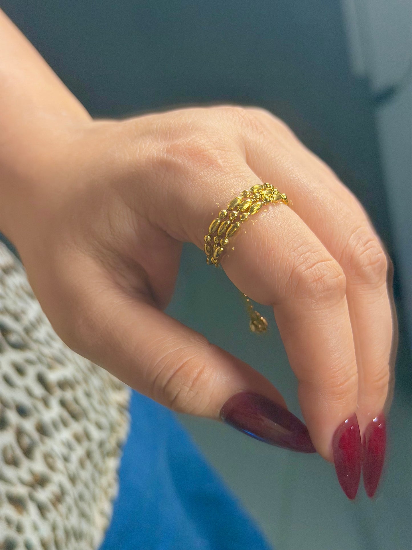 Delicate Gold Ring – Beaded Detail Adjustable Chain Ring