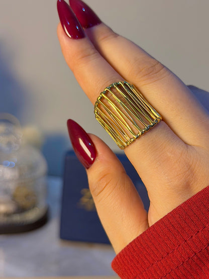Linear Cuff Adjustable Stainless Steel Statement Ring – Gold