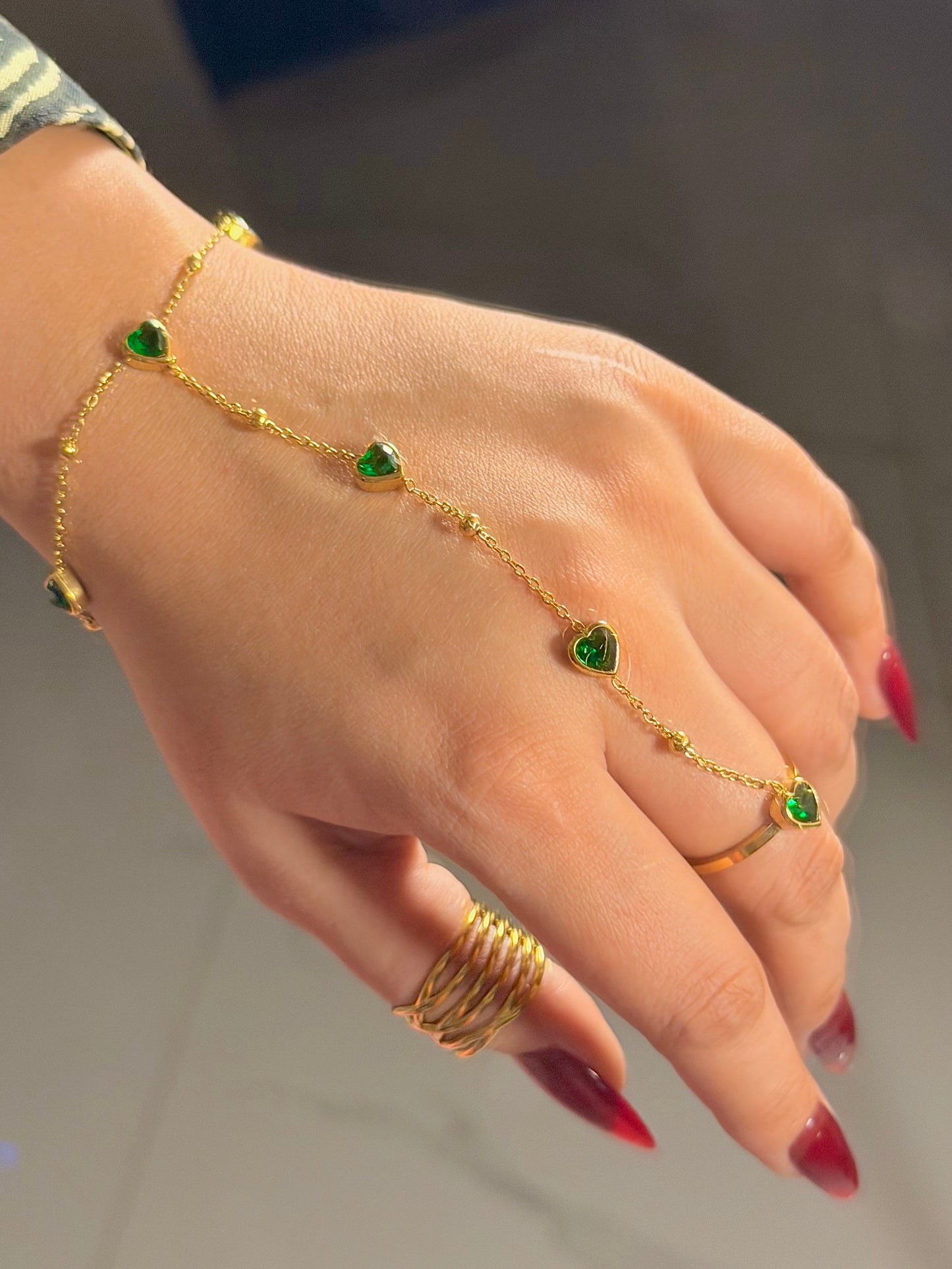 Green Heart Crystal Hand Chain Bracelet