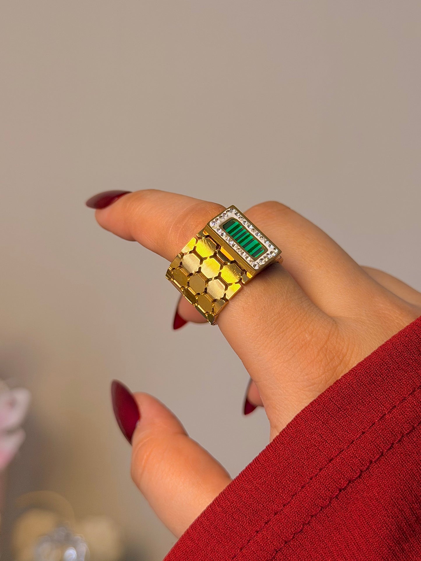 Emerald Green Rectangle Statement Ring - Gold Textured Geometric Ring