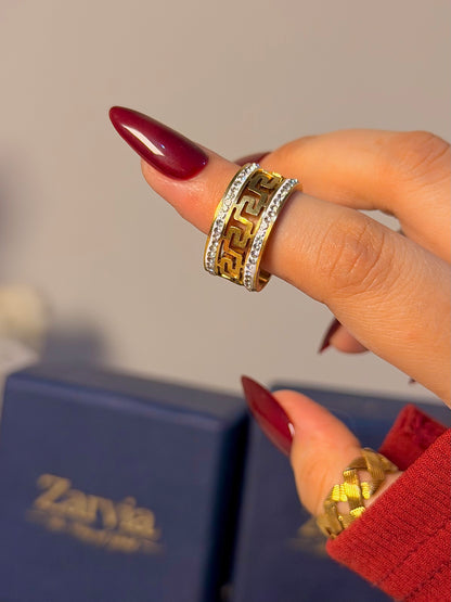 Greek Key Crystal Band Ring - Chunky Luxe Open Ring