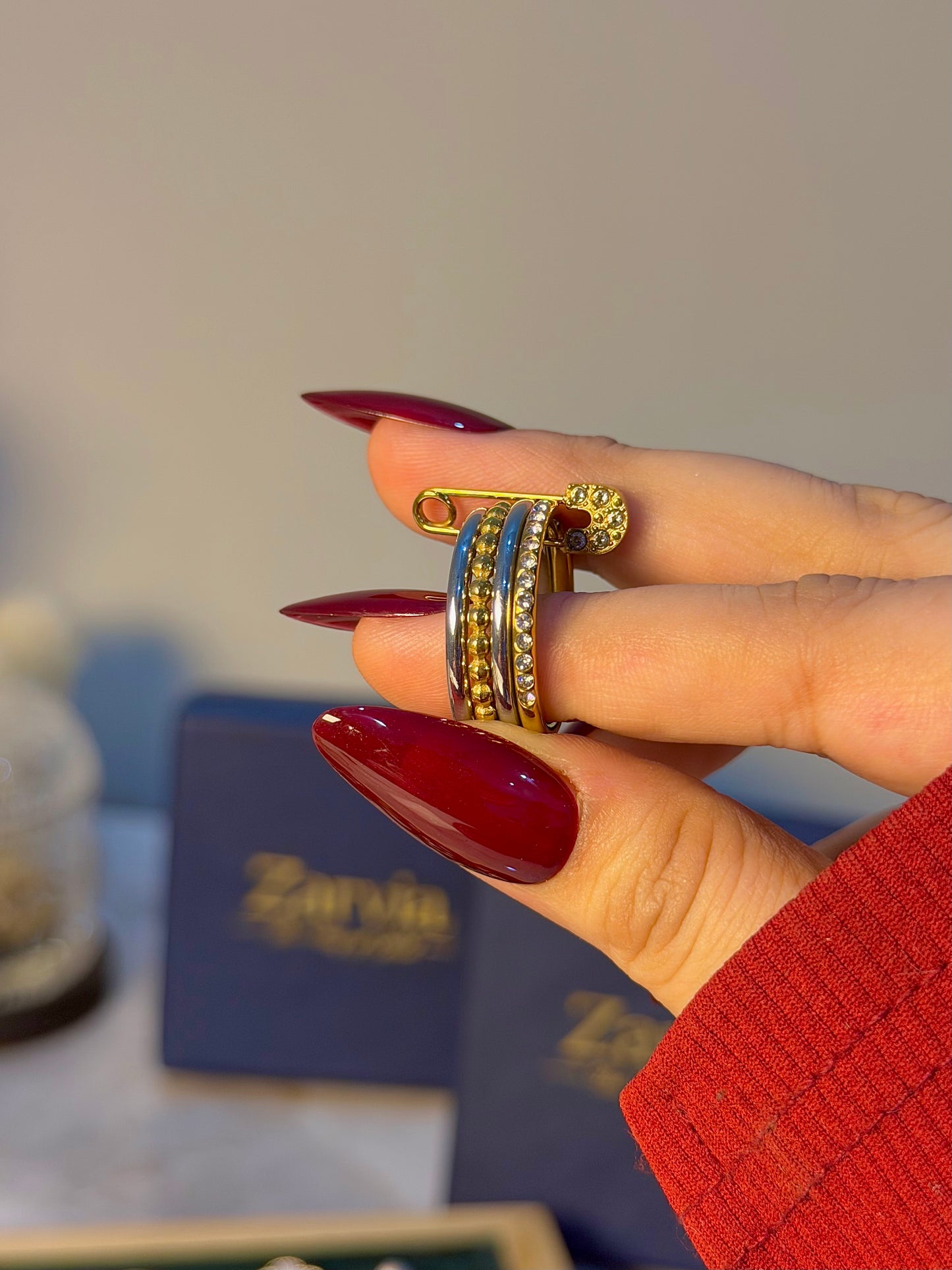 Safety Pin Crystal Stainless Steel Statement Ring – Gold & Silver