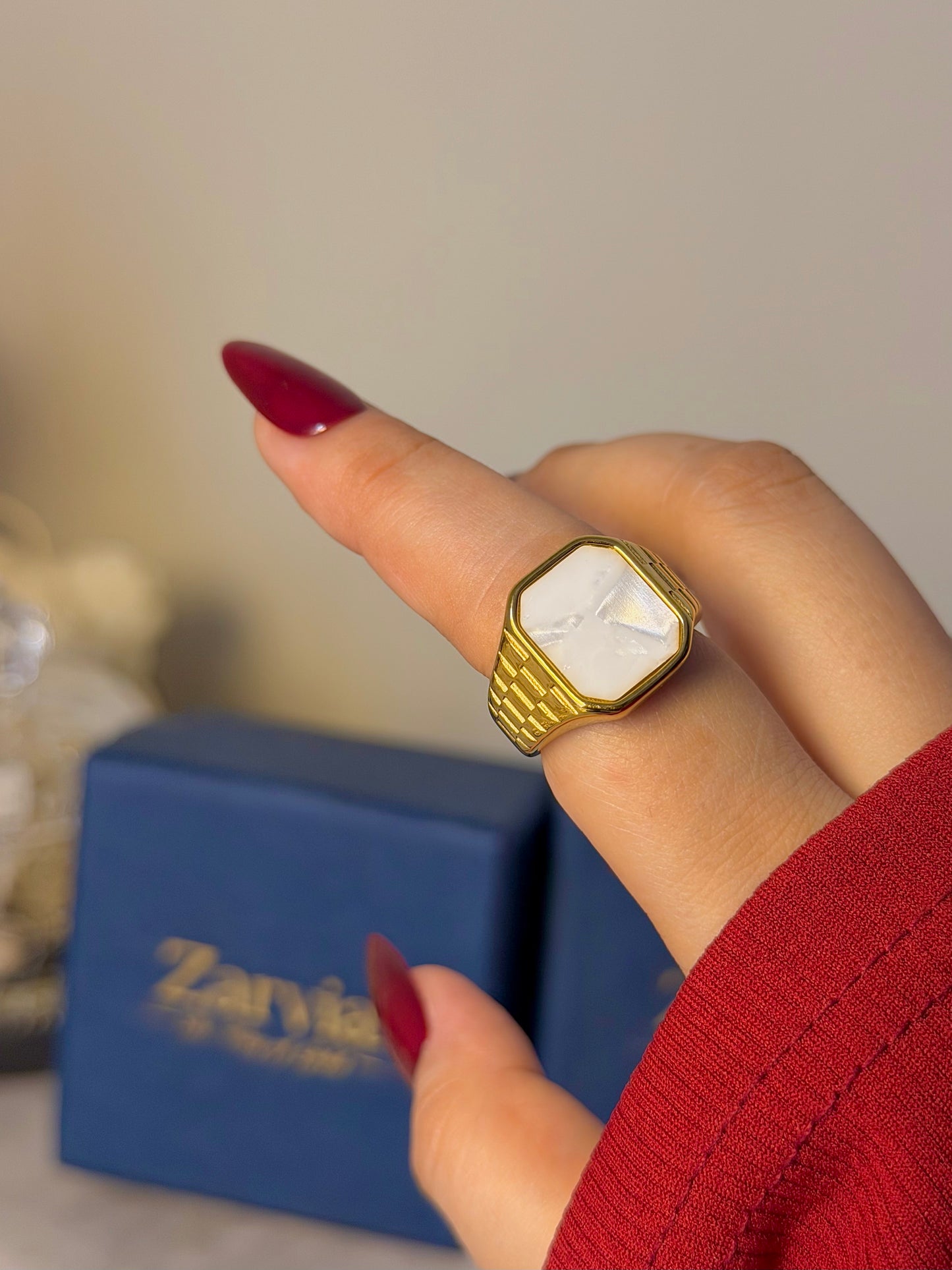 Vintage Octagon Signet Ring with White Stone – Gold