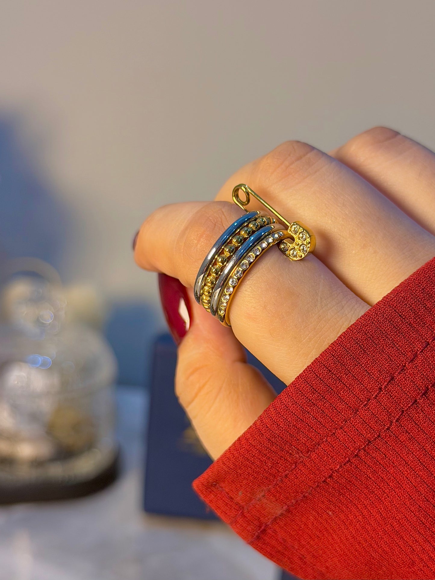 Safety Pin Crystal Stainless Steel Statement Ring – Gold & Silver