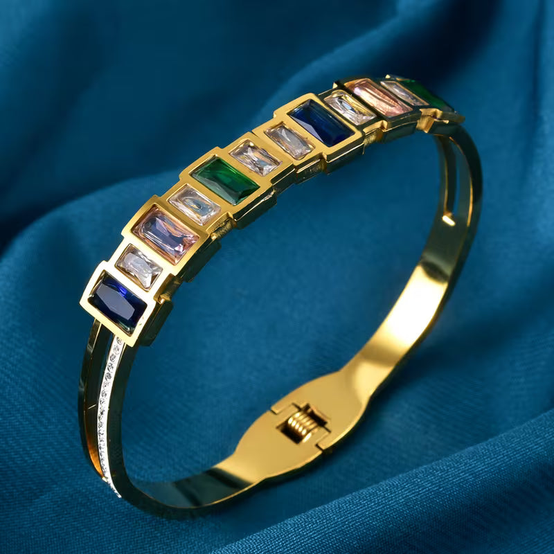 Golden Bangle Bracelet with Colorful Stones