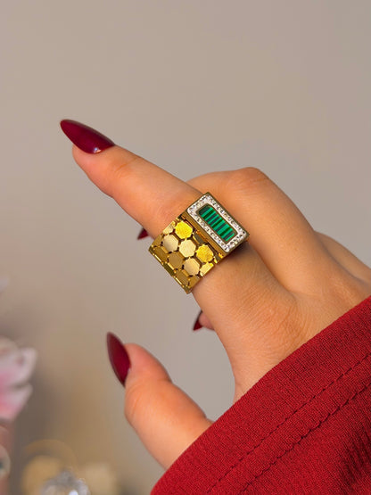 Emerald Green Rectangle Statement Ring - Gold Textured Geometric Ring