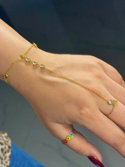 Gold Crystal Hand Chain Bracelet with Ring Detail