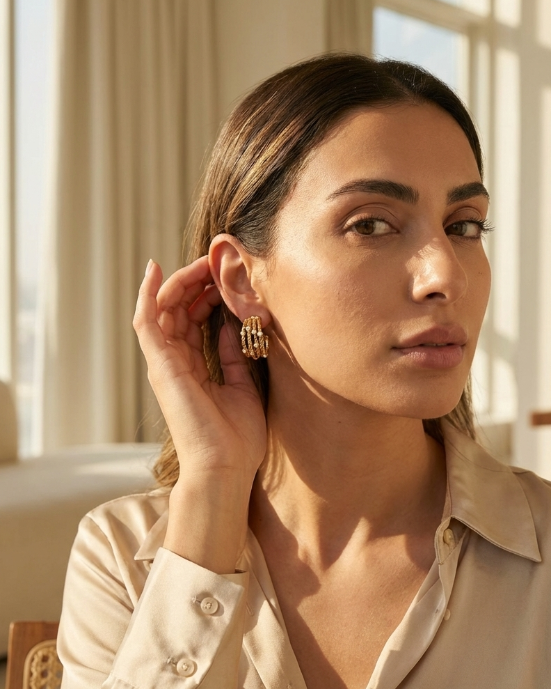 Gold Twisted Hoop Earrings – Elegant Crystal Detail