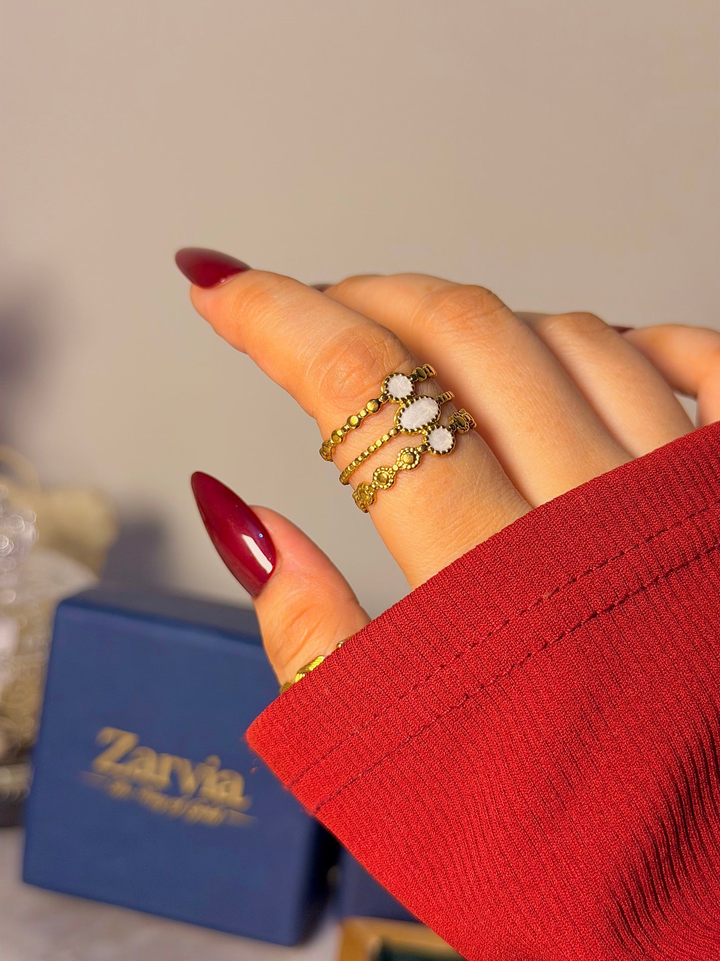 Boho Oval Stone 3 Layered Ring Stack – Gold