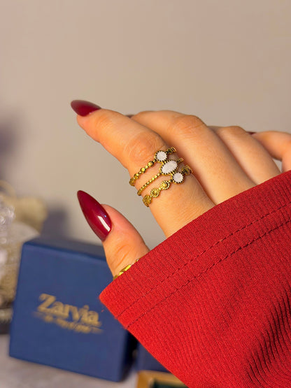 Boho Oval Stone 3 Layered Ring Stack – Gold