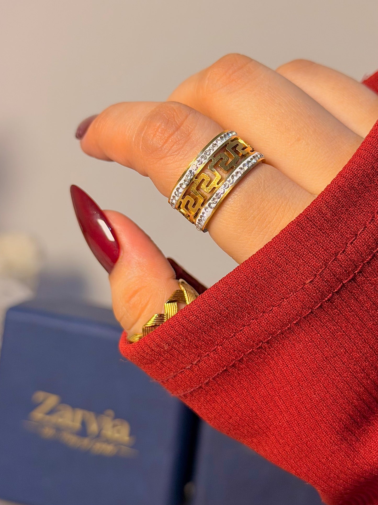 Greek Key Crystal Band Ring - Chunky Luxe Open Ring