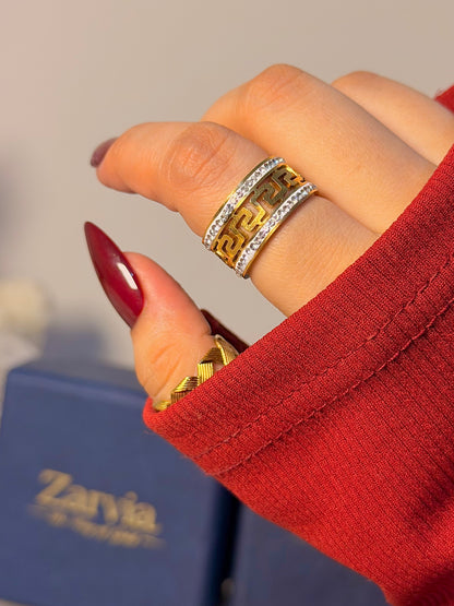 Greek Key Crystal Band Ring - Chunky Luxe Open Ring