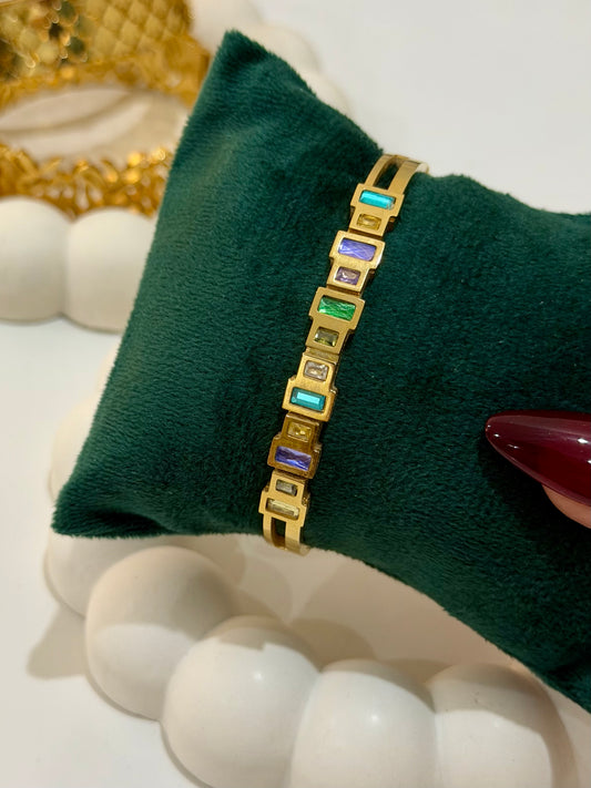 Golden Bangle Bracelet with Colorful Stones