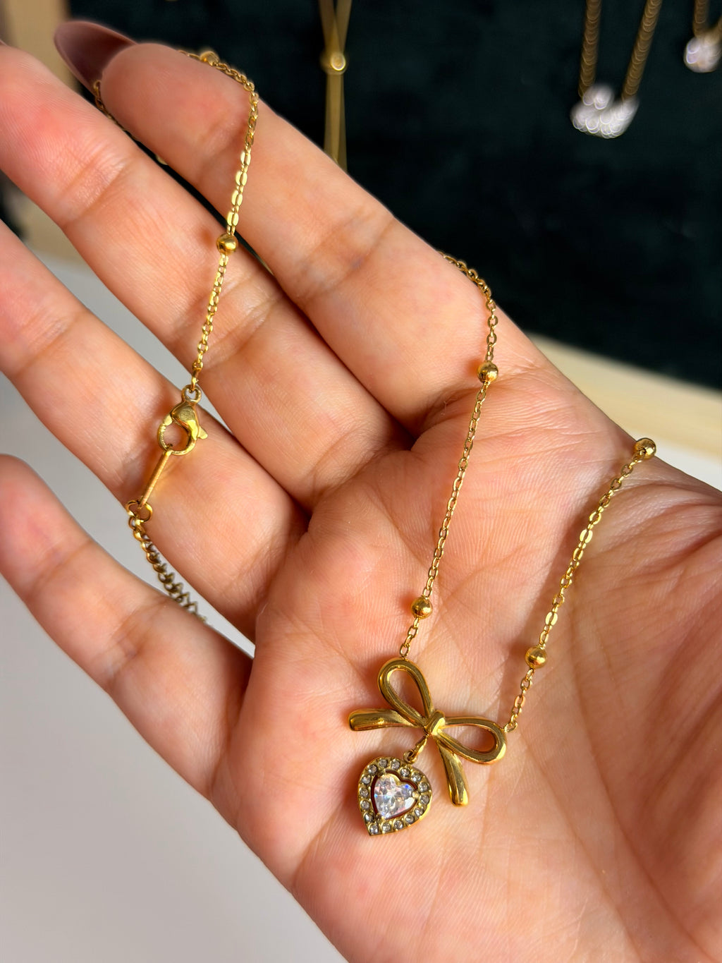 Bow Heart Crystal Charm Necklace