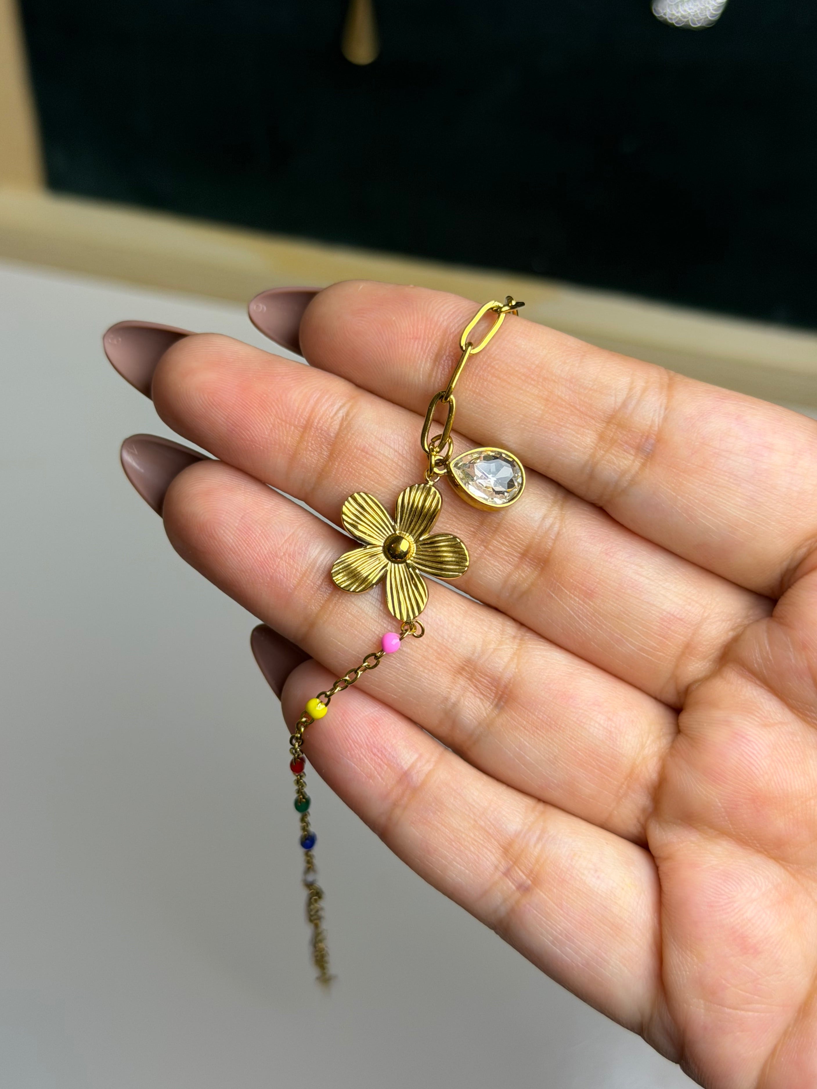 Colorful Gold Flower & Crystal Charm Bracelet
