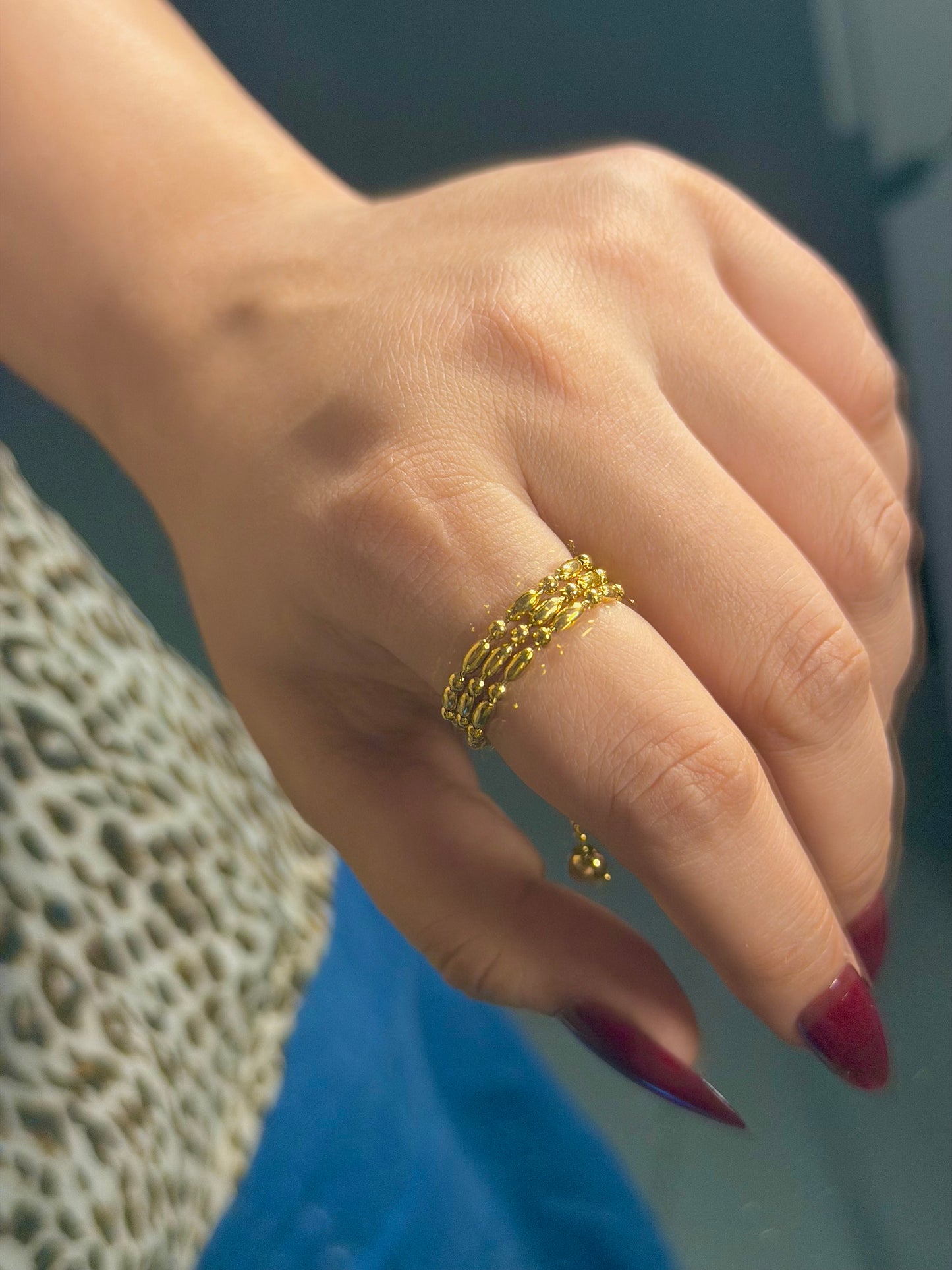 Delicate Gold Ring – Beaded Detail Adjustable Chain Ring
