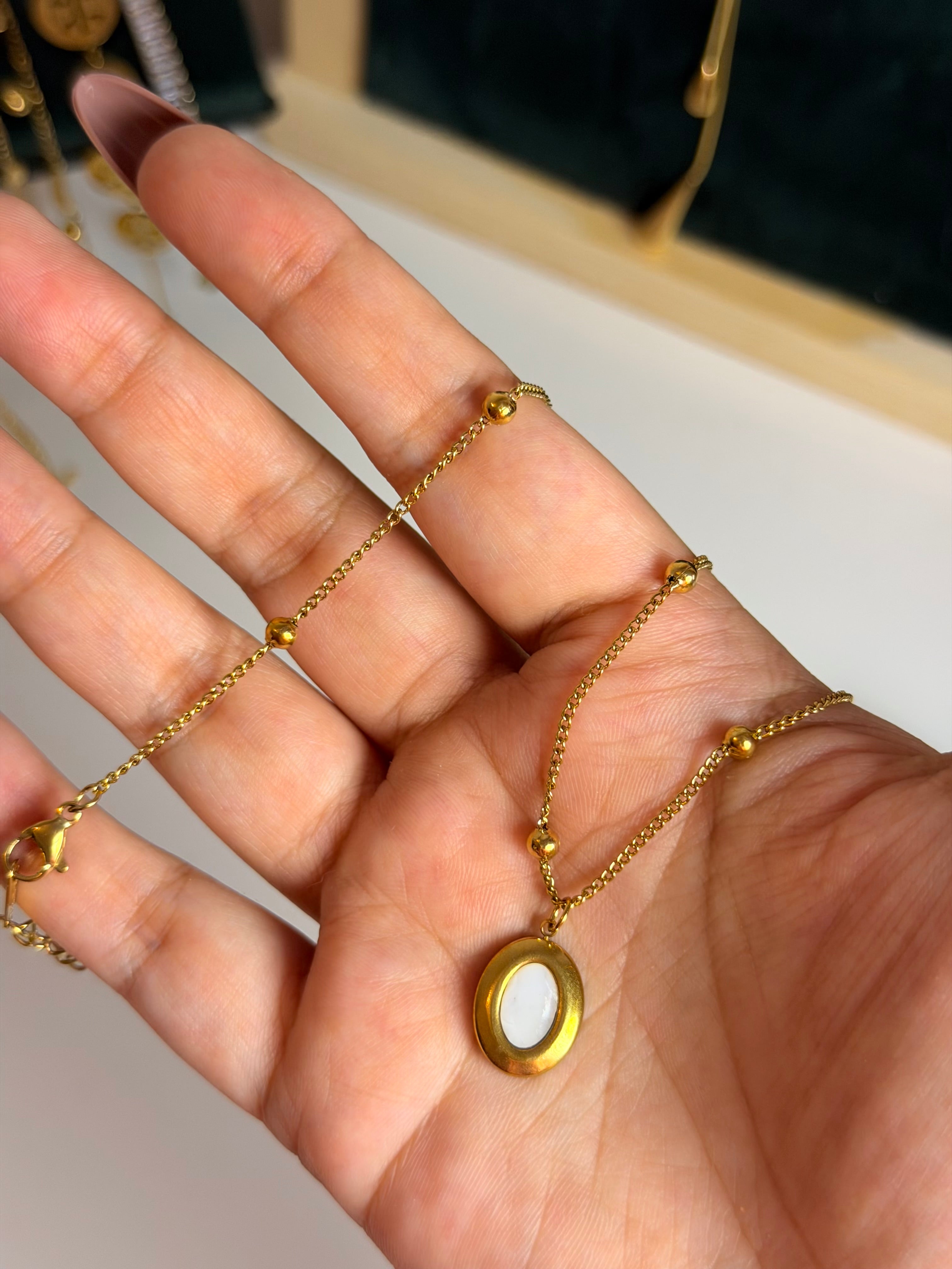 Gold Oval Enamel Pendant Necklace