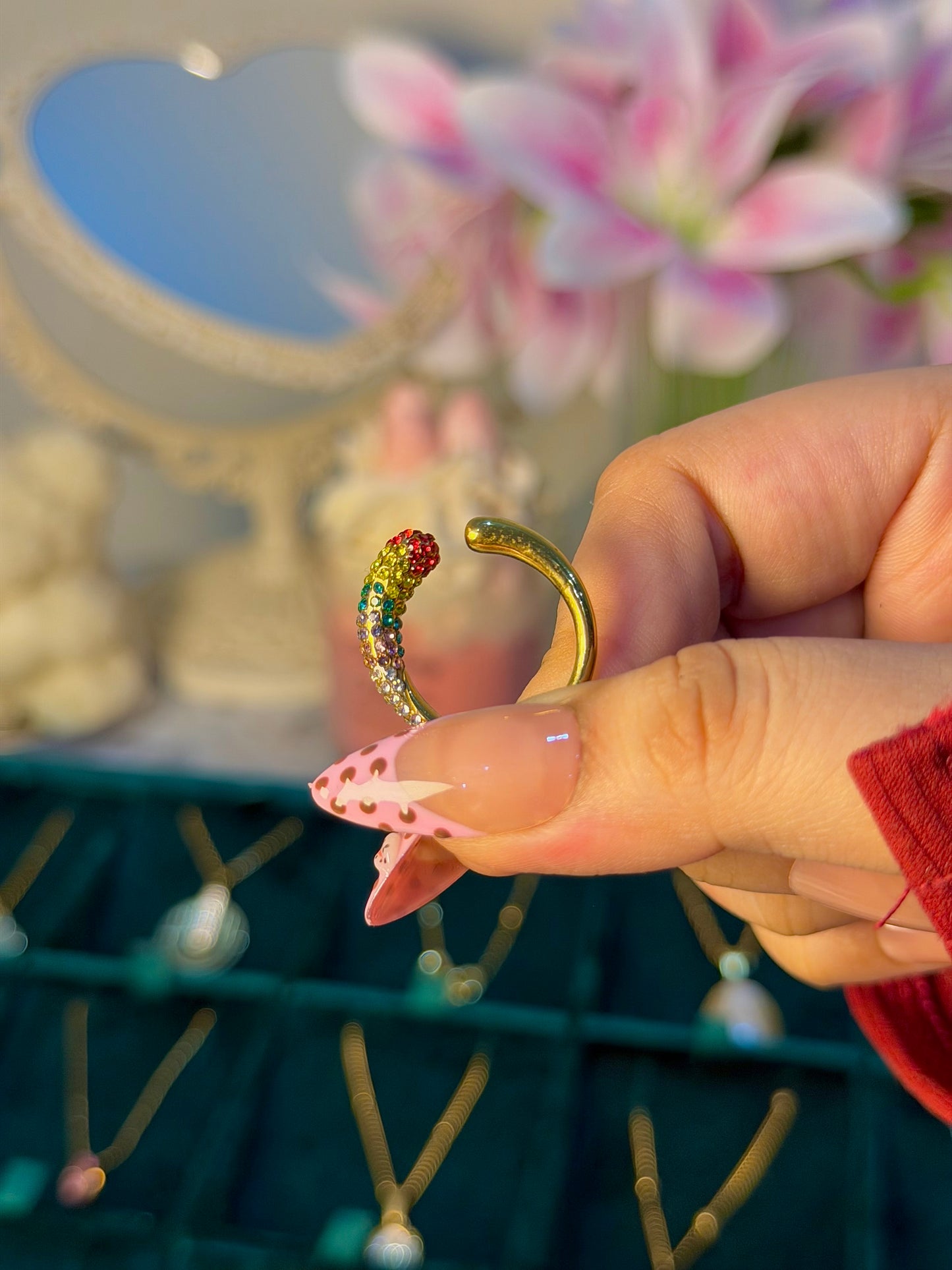 Rainbow Crystal Open Cuff Ring – Gold Minimal Statement Ring