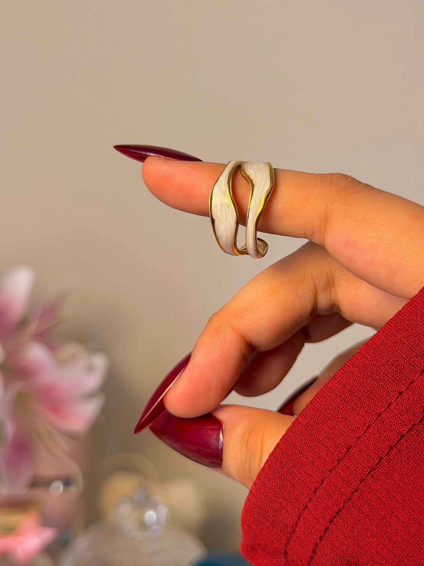Gold Wave Open Ring – Minimalist White Enamel Ring