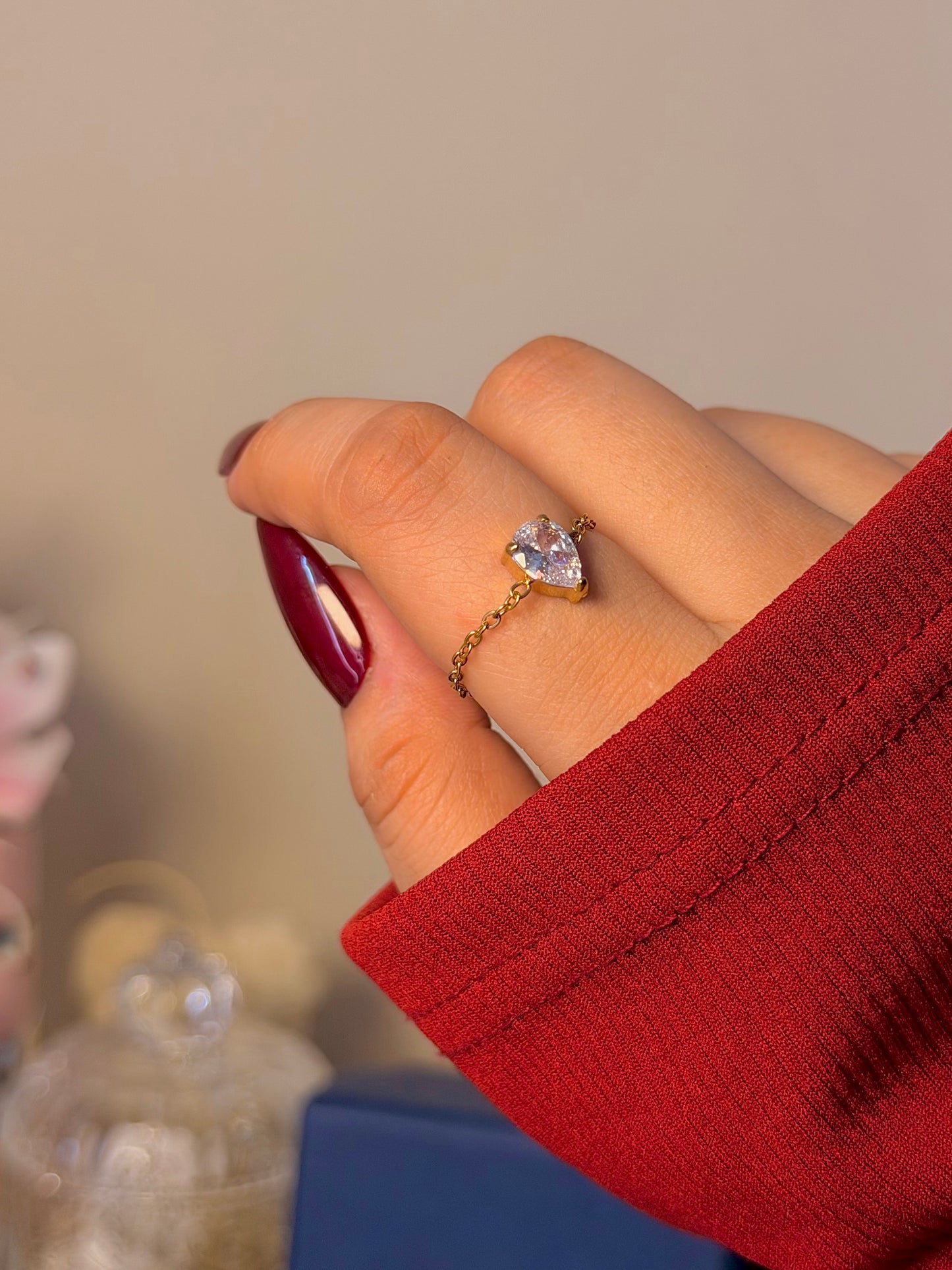 Chain Solitaire Ring - Dainty Minimalist Adjustable Ring