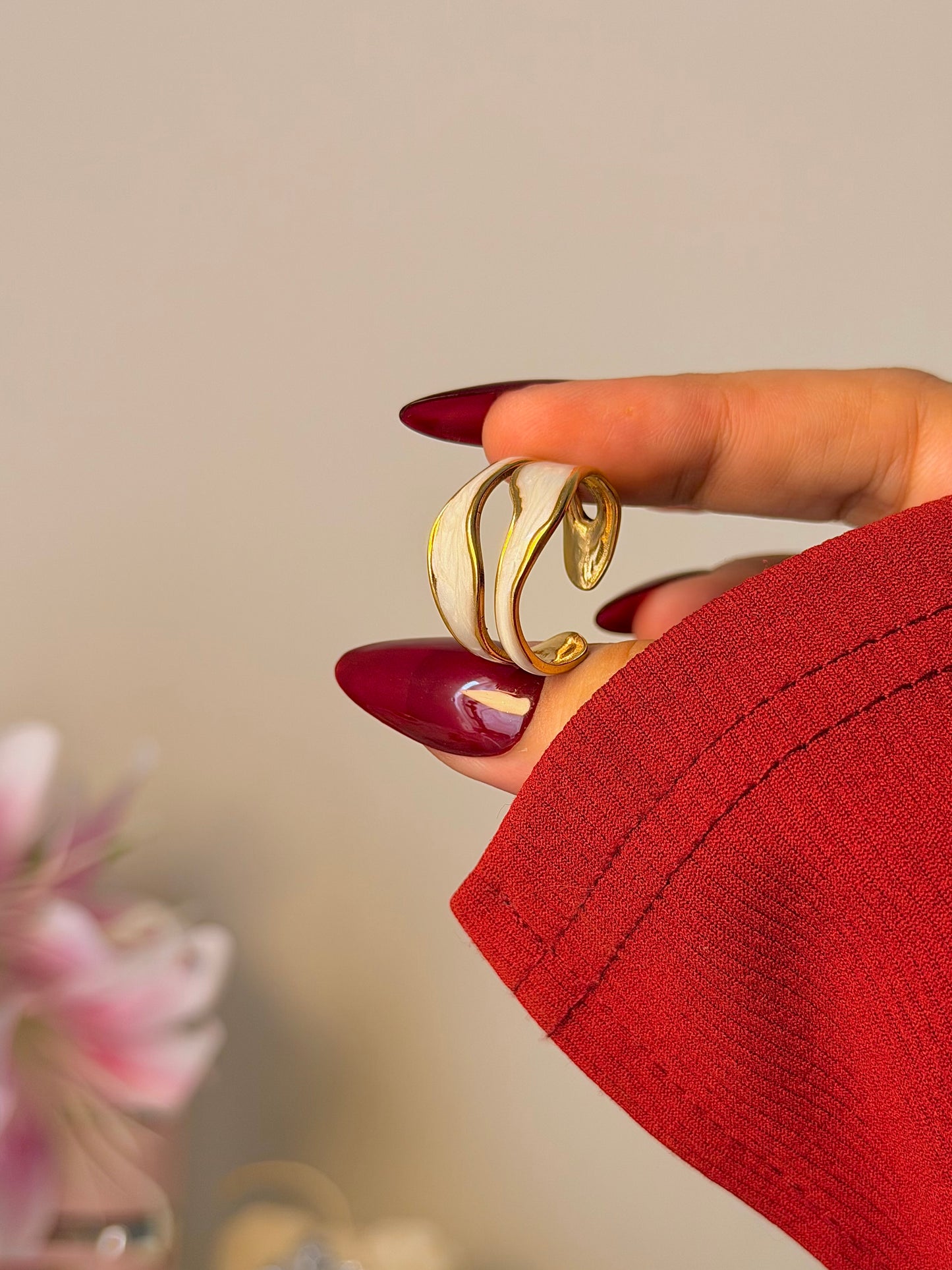 Gold Wave Open Ring – Minimalist White Enamel Ring