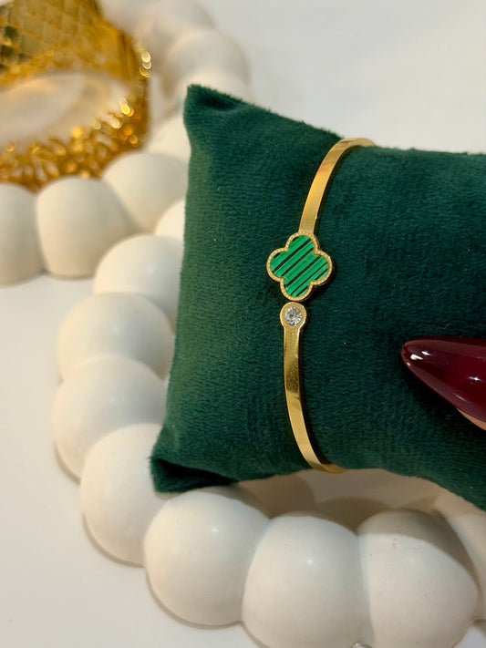 Gold Bangle with Green Malachite and Crystal Accent