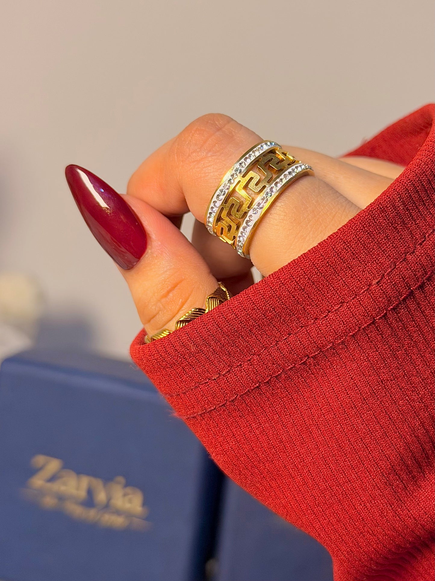 Greek Key Crystal Band Ring - Chunky Luxe Open Ring