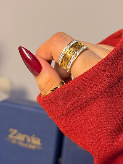 Greek Key Crystal Band Ring - Chunky Luxe Open Ring
