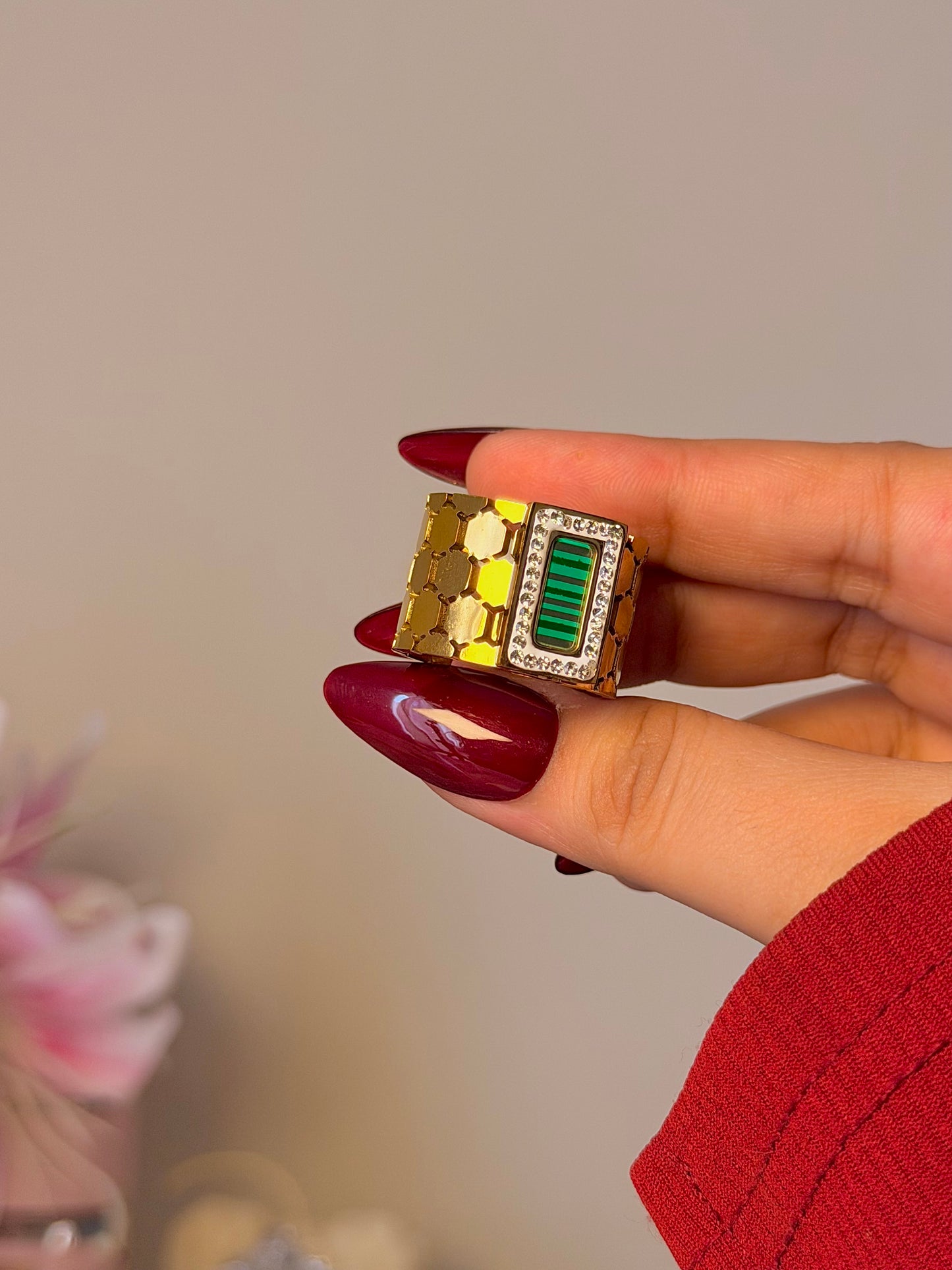 Emerald Green Rectangle Statement Ring - Gold Textured Geometric Ring