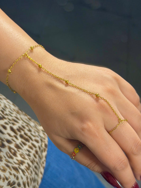 Gold Beaded Hand Chain Bracelet with Ring Detail