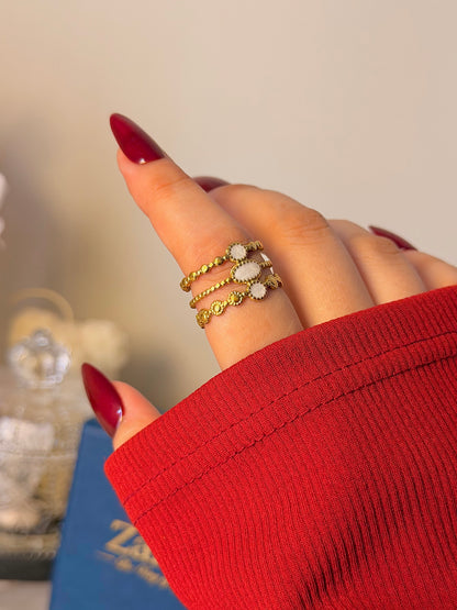 Boho Oval Stone 3 Layered Ring Stack – Gold