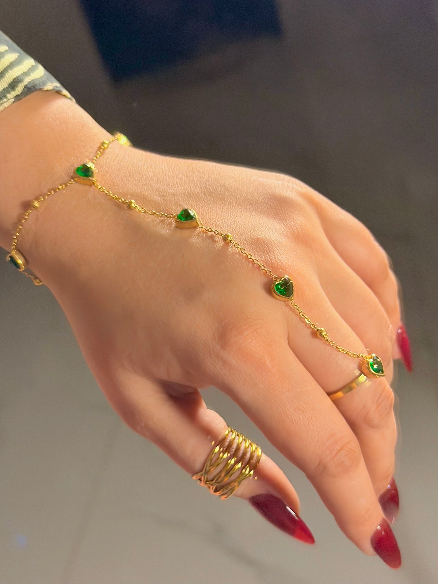 Green Heart Crystal Hand Chain Bracelet