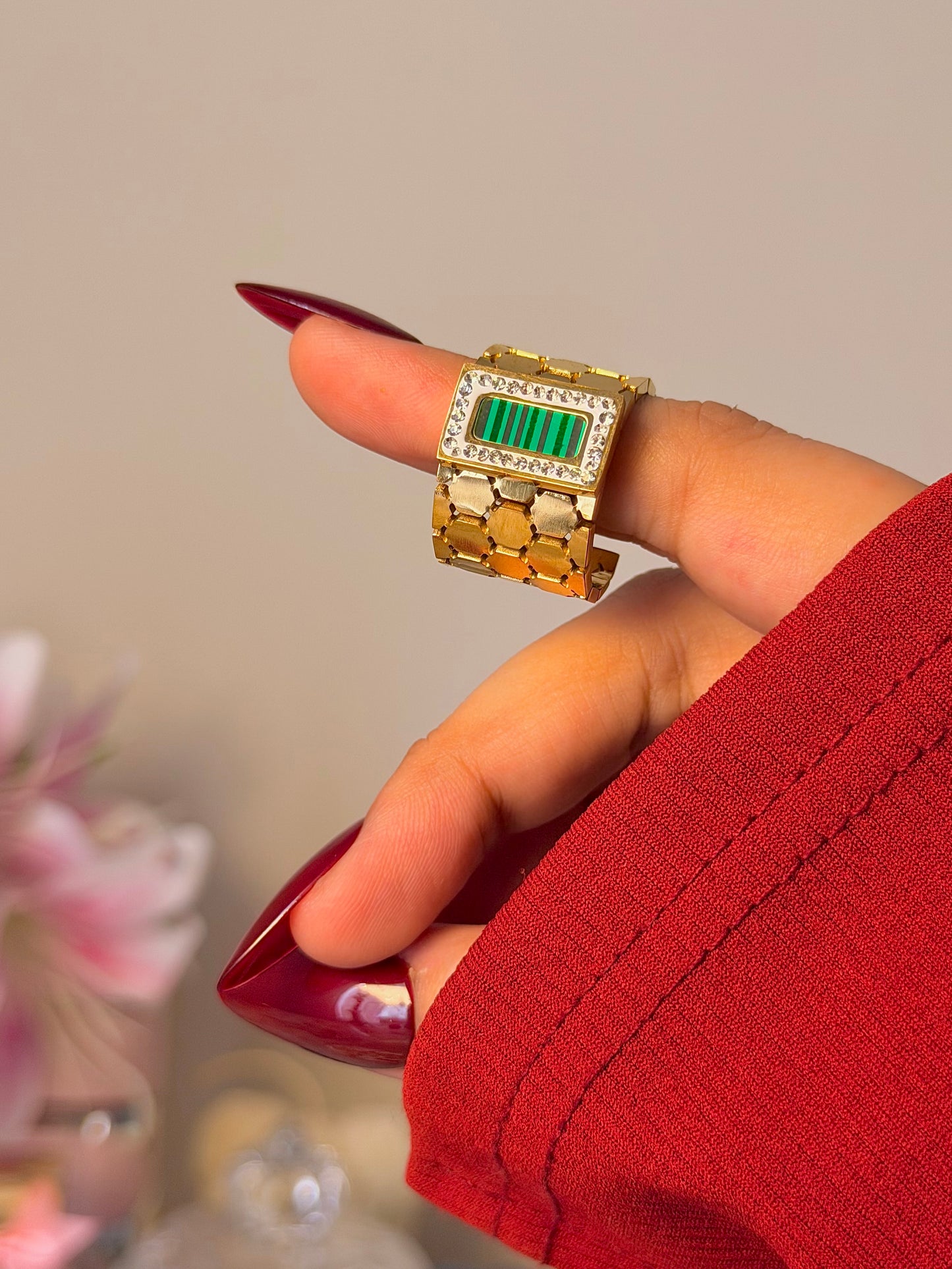 Emerald Green Rectangle Statement Ring - Gold Textured Geometric Ring